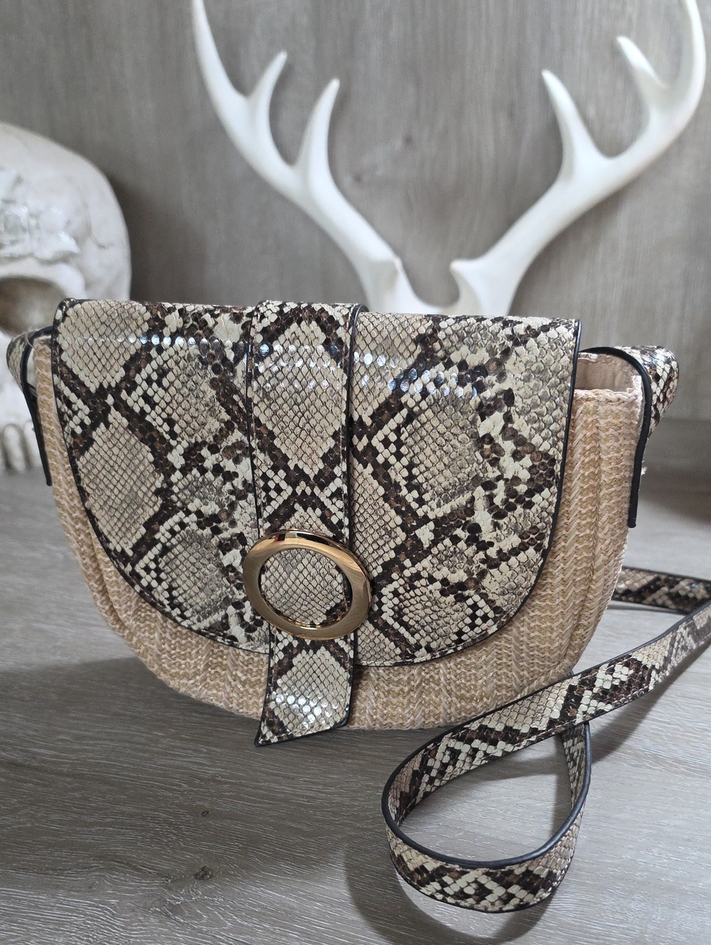 Dorothy Perkins Beige Snake-Print Crossbody with Gold Ring